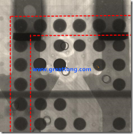 BGA錫球尺寸小于0.4mm，采用降低BGA內(nèi)圍襲球的錫膏量所得到X-Ray，稍微留意一下可以發(fā)現(xiàn)最外圈的錫量(圓的直徑)比其他內(nèi)圍的錫球上的錫量來得多一點(diǎn)點(diǎn)。也就是外圈的黑色圓形直徑比內(nèi)圈的圓形來得大一點(diǎn)點(diǎn)。