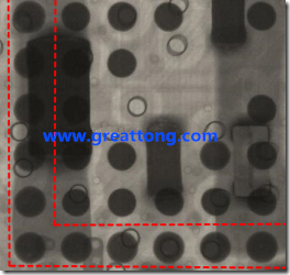 BGA錫球尺寸小于0.4mm，采用降低BGA內(nèi)圍襲球的錫膏量所得到X-Ray，稍微留意一下可以發(fā)現(xiàn)最外圈的錫量(圓的直徑)比其他內(nèi)圍的錫球上的錫量來得多一點(diǎn)點(diǎn)。也就是外圈的黑色圓形直徑比內(nèi)圈的圓形來得大一點(diǎn)點(diǎn)。