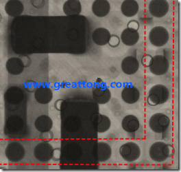 BGA錫球尺寸小于0.4mm，采用降低BGA內(nèi)圍襲球的錫膏量所得到X-Ray，稍微留意一下可以發(fā)現(xiàn)最外圈的錫量(圓的直徑)比其他內(nèi)圍的錫球上的錫量來得多一點(diǎn)點(diǎn)。也就是外圈的黑色圓形直徑比內(nèi)圈的圓形來得大一點(diǎn)點(diǎn)。