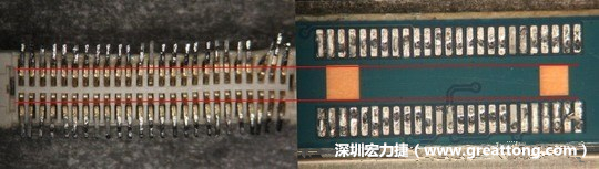 把板對(duì)板連接器與其電路板的佈線焊墊作一個(gè)比較，端子的切斷面有毛邊的地方剛好對(duì)到了裸銅區(qū)。
