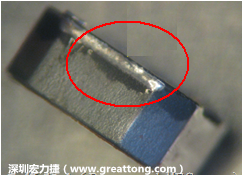 使用錫(Sn)鍍層的電源電感器(Power Inductors)，經過推力測試后，其焊點還保留在零件的端點上，所以推力比較高。