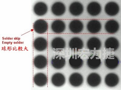 現(xiàn)在我畫幾條直線你再看看是否有發(fā)現(xiàn)那一顆BGA的錫球比較大，有空焊的可能？