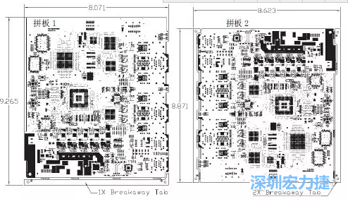 如圖7所示是使用不同數(shù)量邊條的拼板，拼板1僅使用了一個(gè)邊條，直接利用PCB另一邊作為SMT工藝傳送邊，并且PCB圖形中有合適的安裝孔；而拼板2則是按常規(guī)設(shè)計(jì)了兩個(gè)邊條。拼板方式為連接筋。圖中“Breakaway Tab”指邊條-深圳宏力捷