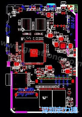 上圖是一個(gè)開發(fā)板的PCB，從布局中可以看出各個(gè)接口電路分離很明確，SDRAM和DDR以及SD卡接口電路等走線不會造成相互的干擾。-深圳宏力捷