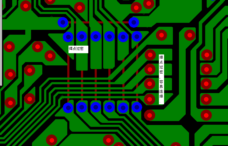 PCB設(shè)計焊點過密，易造成波峰連焊，焊點間漏電