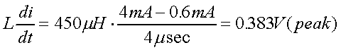 舉例來說，一個閘在"ON"而載有4mA的電流時，突然開關(guān)切到"OFF"且現(xiàn)在載有0.6mA的電流，假設(shè)開關(guān)時間為4msec，載有450mH的電感信號的導(dǎo)體，此時所產(chǎn)生的電壓突波為