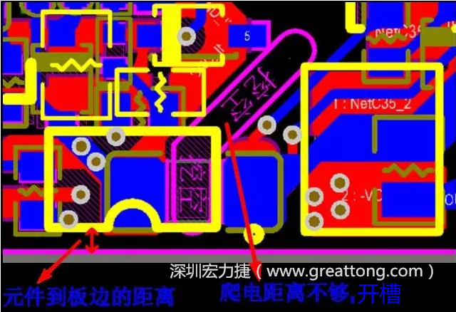如果碰到模塊PCB空間有限，爬電距離不夠，可以采用開槽的方式
