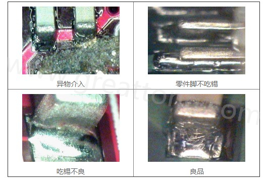 300X顯微鏡主要檢測這些PCBA加工問題：異物介入、零件腳不吃錫、 吃錫不良。