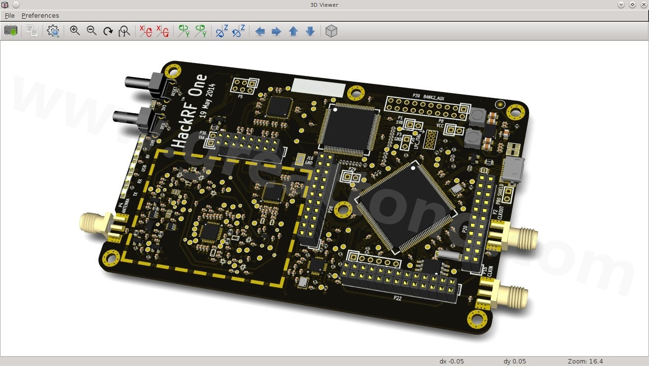 經(jīng)KiCad軟體3D功能渲染過的HackRF One電路板。