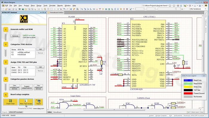 XJTAG DFT Assistant的Access Viewer模式可以清楚地顯示可用的測(cè)試存取層級(jí)，讓電路板設(shè)計(jì)人員在展開PCB布局以前的原理圖擷取階段盡可能地提高測(cè)試存取能力