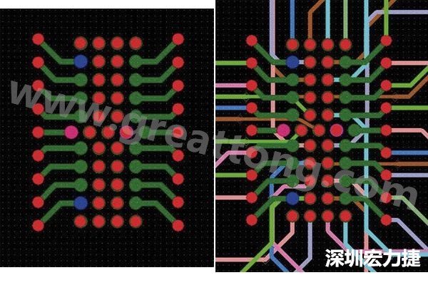 圖7：焊盤內(nèi)過(guò)孔用于內(nèi)部，而外部接腳在0.5mm閘格上扇出。圖7a顯示的是頂層(左)；圖7b顯示頂層和內(nèi)部布線層(右)。