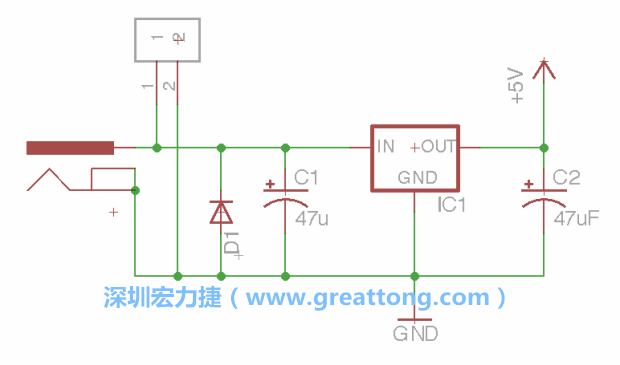 2.5.    新增一個(gè)二極體，它會(huì)以水平的狀態(tài)出現(xiàn)在屏幕上，請(qǐng)使用「旋轉(zhuǎn)（Rotate）」工具把它負(fù)極那一面朝上，并且用「網(wǎng)絡(luò)連接」工具將它連接在電壓調(diào)整器的輸入端和接地端之間。