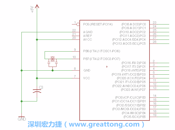 3.2.    在靠近ATmega的電源供應(yīng)針腳7的位置放置一個0.1μF的電容，將它分別連接電源、接地端和針腳7。