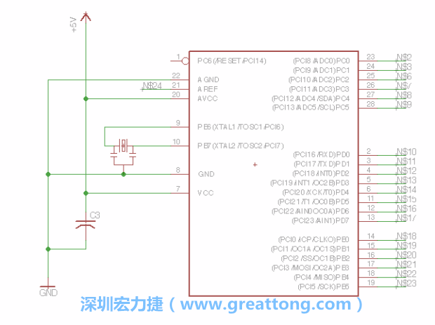 3.3.    將共鳴器（resonator）放置在針腳9和針腳10附近，將它的三個針腳連接如圖所示，并確認最中間的針腳有連到接地端。