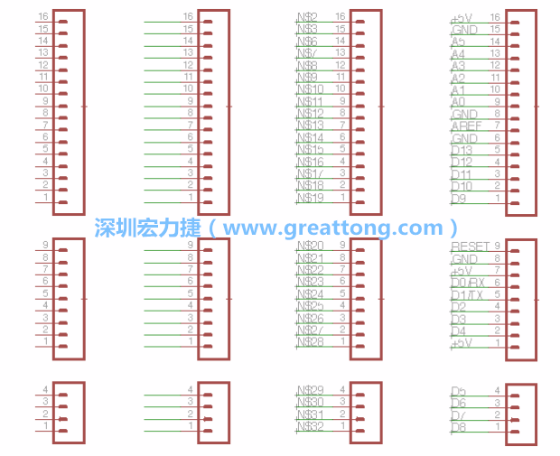 3.5.    你會發(fā)現(xiàn)EAGLE會給每條信號線都內(nèi)建一個標簽，例如：N$2。現(xiàn)在請使用「命名（Name）」工具來為這些信號線重新命名，并使它們符合ATmega的針腳名稱。