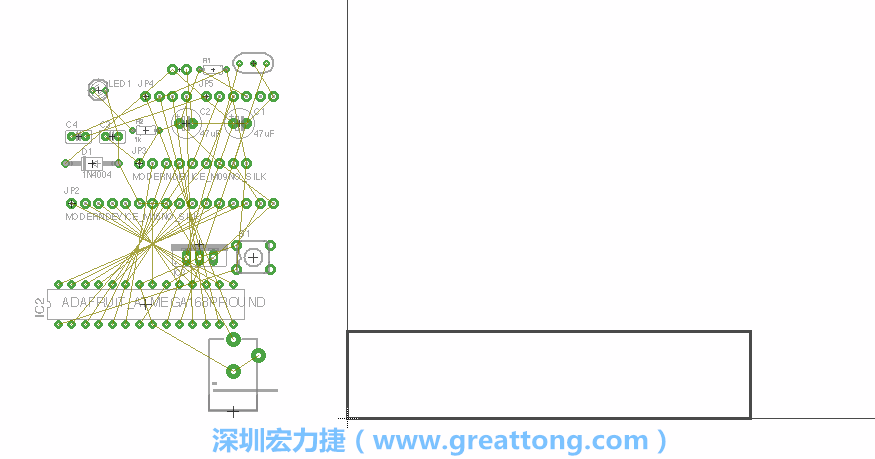 第一次執(zhí)行布線編輯器時(shí)，你會發(fā)現(xiàn)有兩個(gè)區(qū)塊，左邊的區(qū)塊非?；靵y，而右邊的區(qū)塊則是一個(gè)長方形的工作區(qū)域，EAGLE免費(fèi)版會限制你的工作區(qū)域在4” x 3.2”的范圍內(nèi)，如果你試圖將元件擺放在工作區(qū)外的話，就會跳出警示訊息。