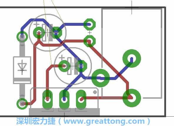 接地連結(jié)點(diǎn)的布線情形如下圖所示，利用這個(gè)練習(xí)來避免電路連線銳角化的產(chǎn)生是一個(gè)不錯(cuò)的選擇，你可以在工具列中的彎曲線路（Wire Bend）選項(xiàng)里改變各種布線的變化。