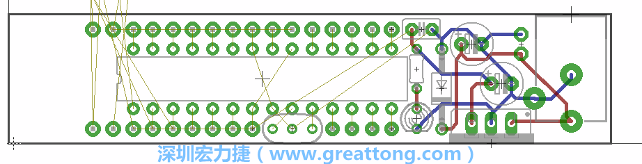 將ATmega微控制器、三個(gè)GPIO排針（JP2, JP3, JP4）和諧振器（resonator）排置如上圖所示。