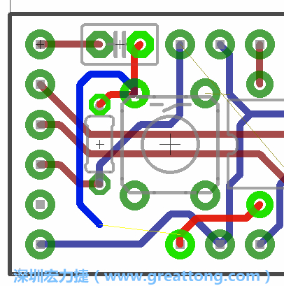 要在電路板正面進(jìn)行+5V信號線連結(jié)和其他連結(jié)點(diǎn)的布線工作是非常容易的，而重置信號線（信號線用來連結(jié)電路板正面左邊的重置開關(guān)）需要經(jīng)過一個(gè)可以通過電路板正反兩面的電路通道，這個(gè)通道是一個(gè)可以讓電路板正反兩面線路連接的一個(gè)小孔。