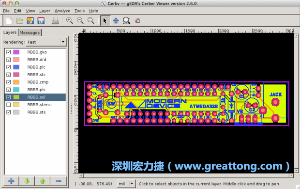 將圖層匯入你的Gerber預(yù)覽工具內(nèi)（下圖為Gerbv），我通常會從上到下重新排列它們的順序，好讓我比較好校對：