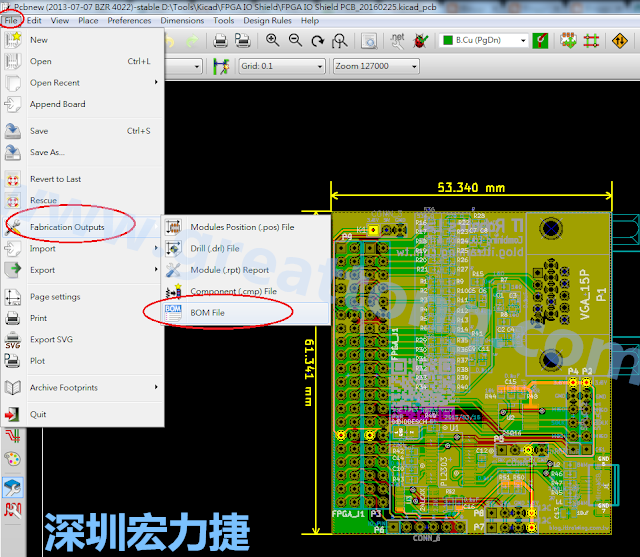 在Kicad的PCB Editor, 點(diǎn)選 File->Fabrication Outputs->BOM File, 即可產(chǎn)生一個(gè) .csv 的Excel 檔案。