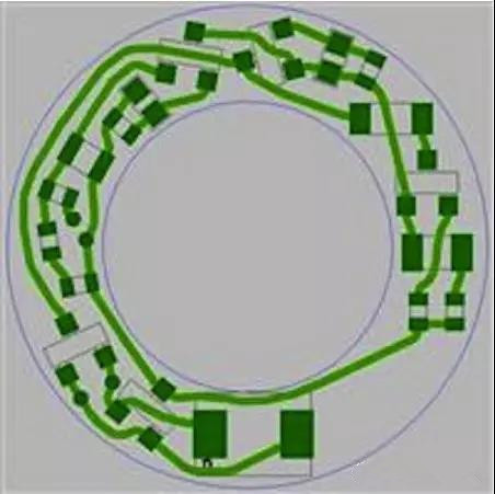 圖6：PCB布線例子：(a)拓撲式自動布線器(完成了100%導線的布線)；