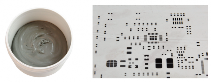 焊膏（左），PCB模板激光切割孔（右）